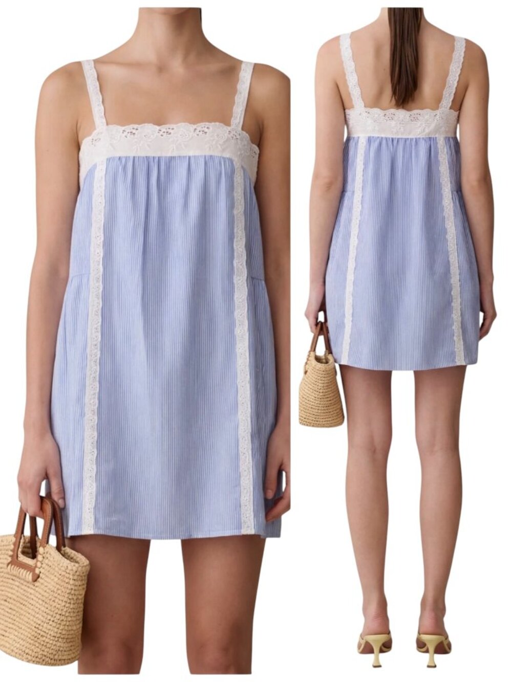 Kourt Florence Cotton Dress XS Blue Stripe Lace Babydoll Mini NWT